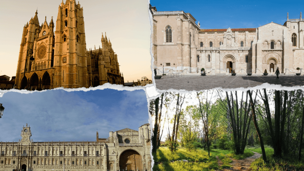 Montaje con los principales lugares que ver en León en un día: Catedral de León, Basílica de San Isidoro, Parador de San Marcos y paseo junto al río Bernesga - qué ver en León en un día.